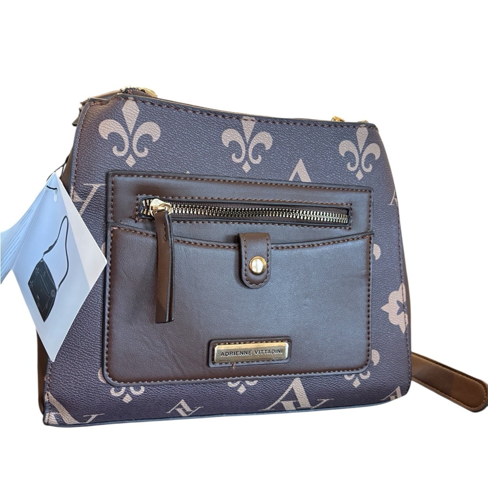 Adrienne Vittadini Crossbody Fleur-de-lis Adjustable Strap Brown Bone NEW $190